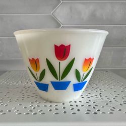 Vintage Fire King Oven Ware Tulips Bowl  4" T x 5.5” wide at top  Ivory.