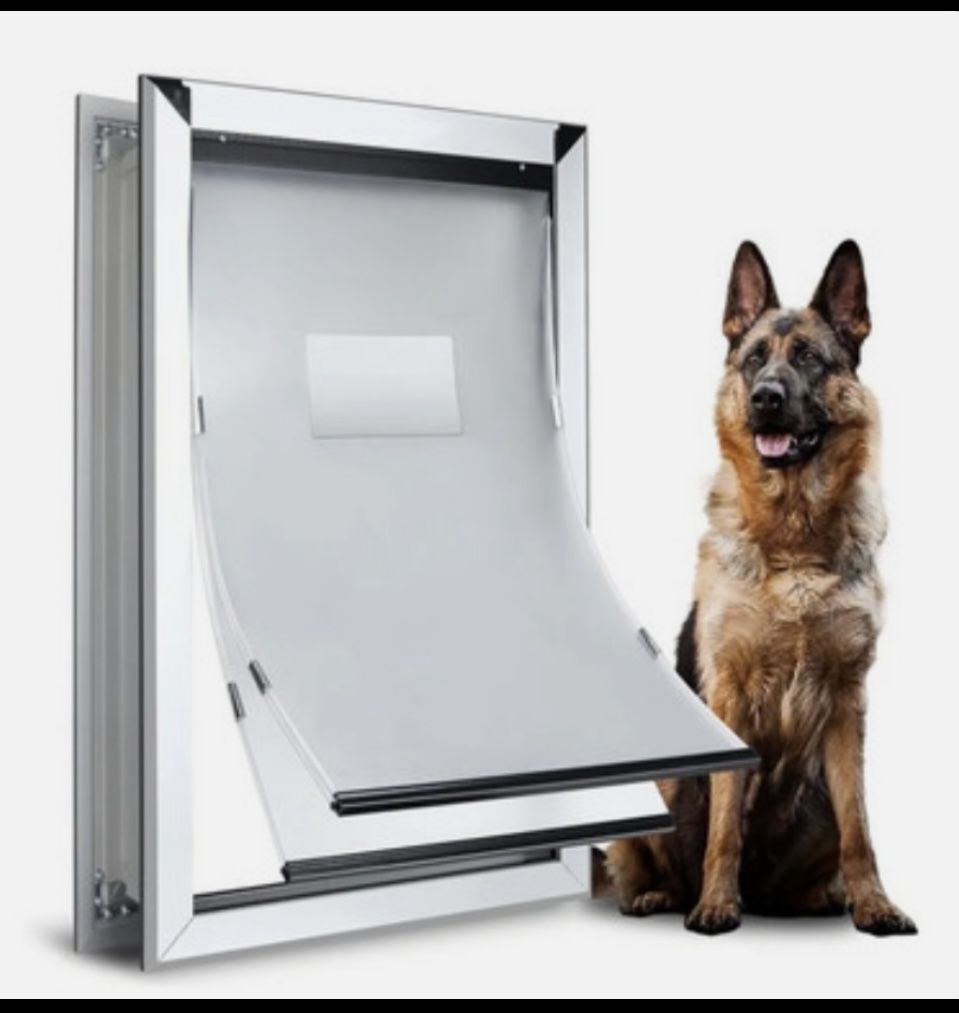 Hanimal Heavy Duty Aluminum Large Dog Door, Walls With 2 Flaps, Silver