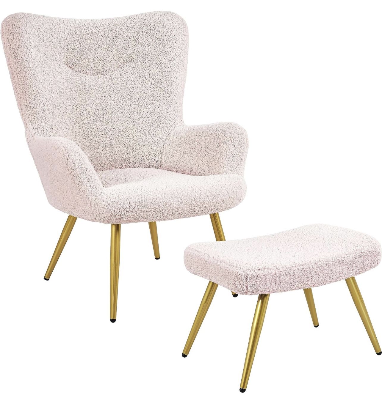 Accent Chair and Ottoman Set, Sherpa Armchair with Golden Metal Legs and High Back, Footstool for Living Room, Lounge, Pink