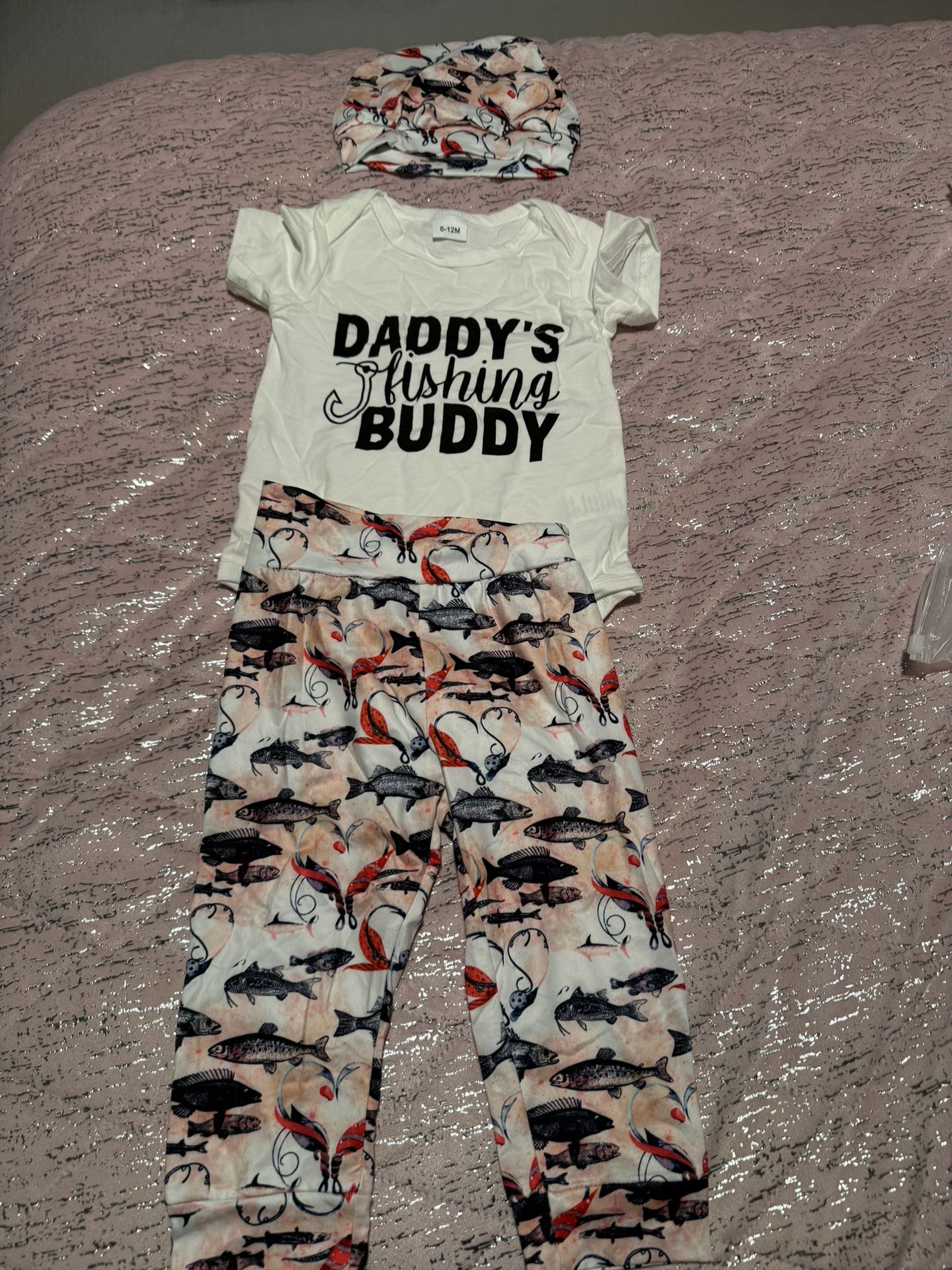 2pcs Baby's "Daddy's Fishing Buddy" Print Bodysuit & Hat & Fish Pattern Pants Set, Toddler & Infant Girl's Clothes For Daily Wear