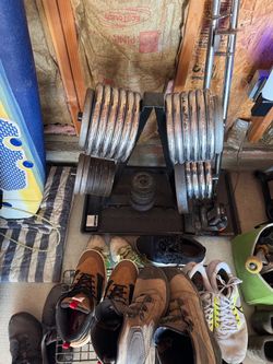 Adjustable standard dumbells + ez curl bar + weight plates + weight tree