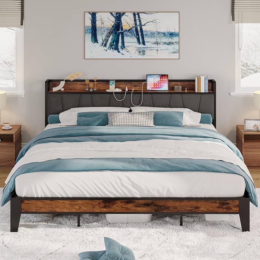 California King Bed Frames, Storage Headboard with Charging Station, Solid and Stable, Noise Free, No Box Spring Needed, Easy Assembly