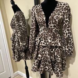 Ruffle Layered Dress Animal Print Leopard Puffer Sleeves V Neck MIDI Dress High Waisted Elegant Casual Party Dress 