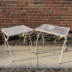 Vintage white wrought iron and metal mesh patio side tables