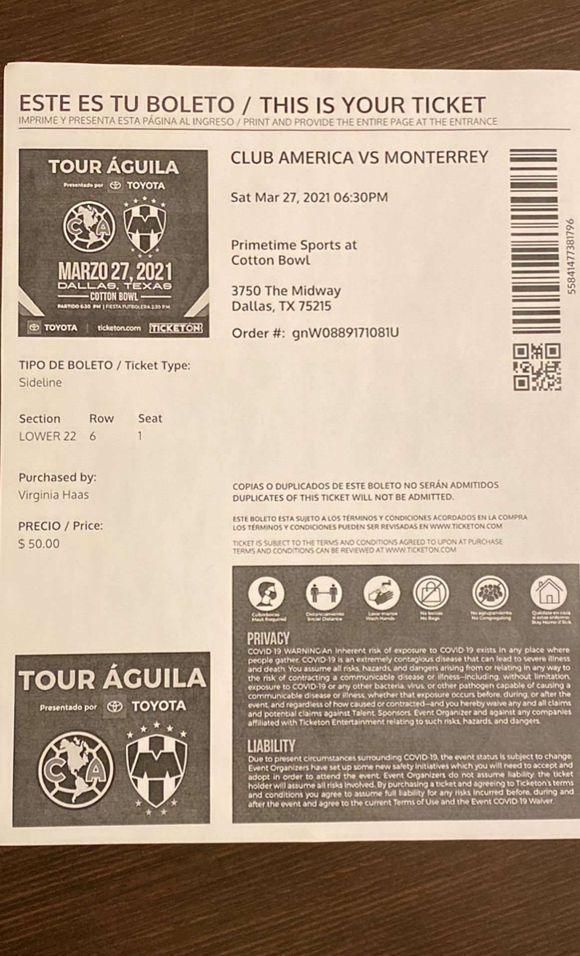 America Vs Monterrey Soccer Game. 2 Tickets