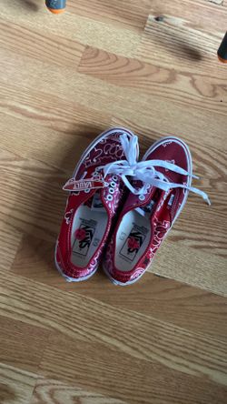 Vans Vault OG Authentic LX sneakers from the collaboration with Bedwin & The Heartbreakers, featuring a red bandana paisley print.