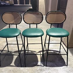 Set of 3 Bar Stools Faux Leather Bar Height Bar Stools with Rattan Back/Green