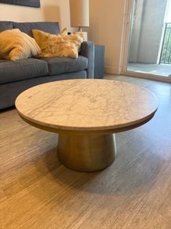West Elm Marble Top Pedestal Coffee Table – Brass/Gold Base – 30.5”