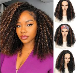 Kinky Curly Half Wig Synthetic 210% Density 1B/30 3 in 1 with Drawstring 22"
