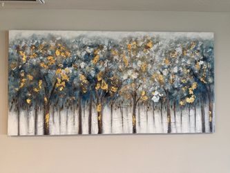 Large 3D Textured Abstract Forest Canvas Wall Art (60" x 30") – Teal, Grey & Gold Leaf