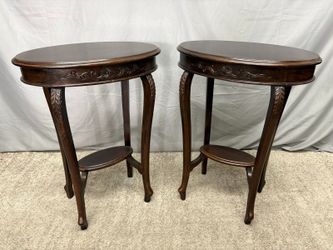 Vintage Victorian Style Floral Carved Walnut Side Tables (Set of 2)