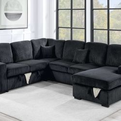 Black Corduroy Sectional Sleeper Sofa 