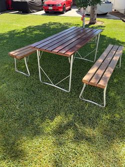 Wood Folding Table with 2 Folding Wood Benches