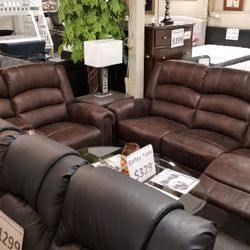 Brand New Brown Leather Or Fabric Manual Reclining Sofa + Loveseat 2PCs Set
