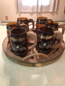 Vintage Siesta Ware wood handle brown glass mugs