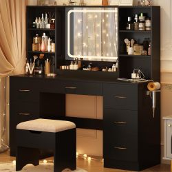 47" Large Vanity Desk with Mirror and Lights, LED Black Vanity Set with Stool and Power Outlet, Lighted Make up Vanity Desk with Drawers and 3 Lightin