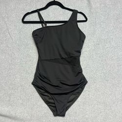 Yonique Womens Black One Shoulder Mesh Cutout One Piece Swimsuit Size M