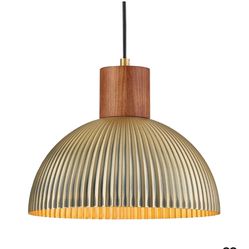 6405: New Vintage Ash Wood Dome Pendant Light 12" Hanging Lamp with Brushed Brass Metal Shade & Gold Inner Finish, Modern Pendant Light Fixtures for K