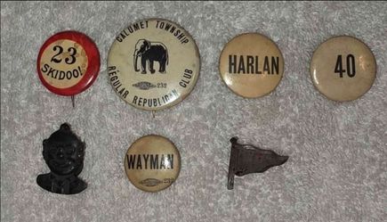7 Piece Antique Celluloid Pinback & Vintage Pin Lot (23 Skidoo, Calumet)