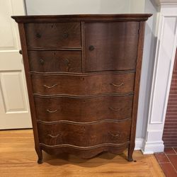 Antique Serpentine Tiger Oak Dresser & Highboy Dresser Pair