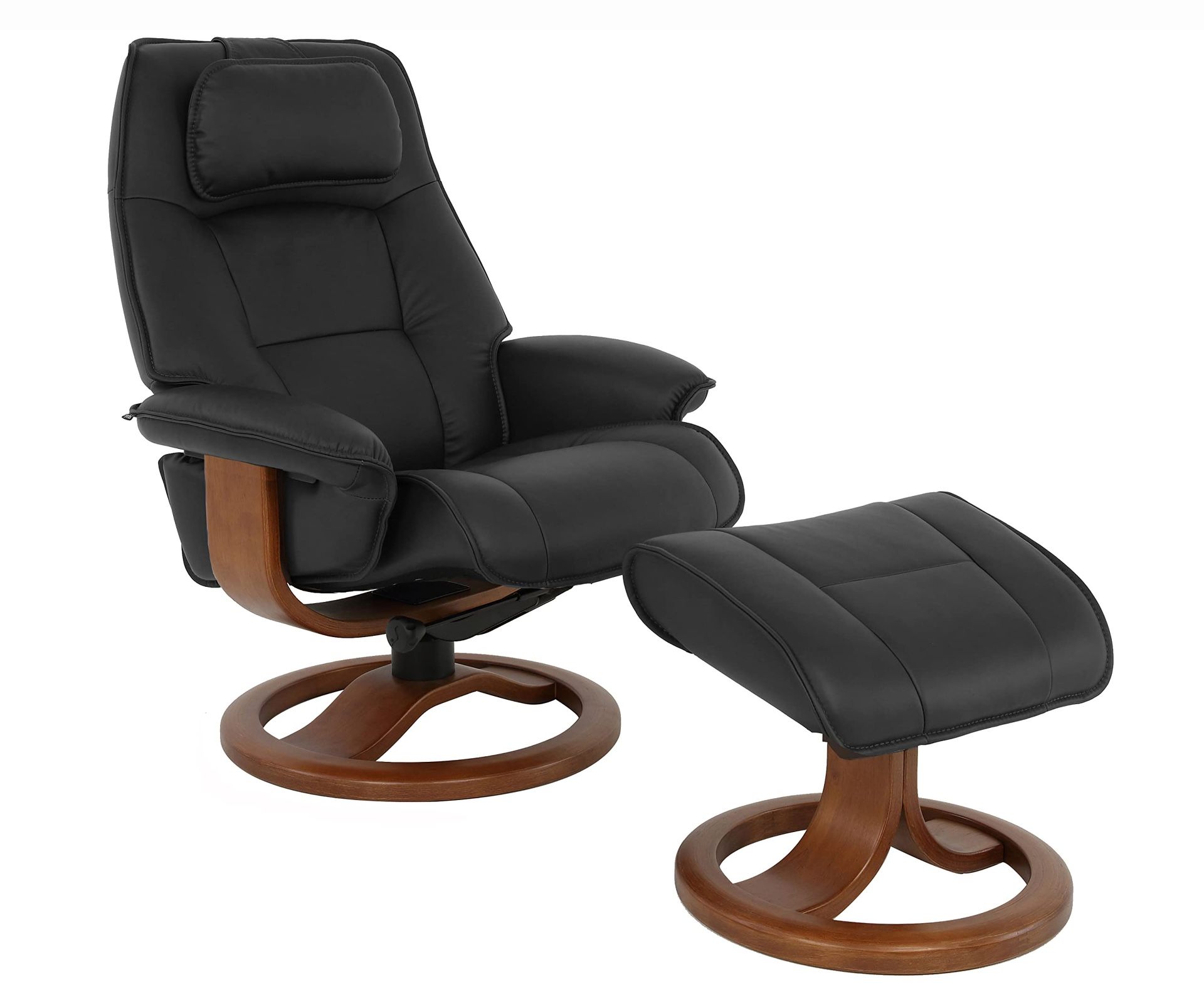 Fjords Admiral R Luxury Black Leather Mid Century Ergonomic Swivel Recliner Chair with Ottoman