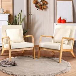 New Mid-Century Modern Accent Chair with Lumbar Pillow, Linen Fabric Comfy Lounge Side Classic Beige set of 2