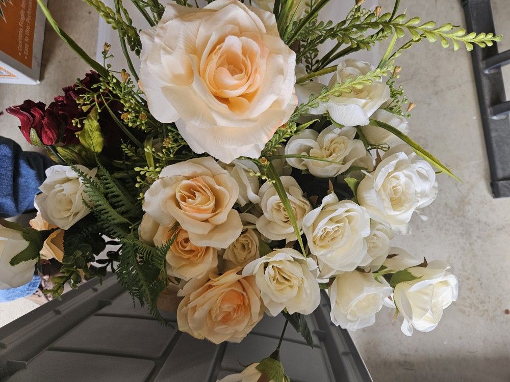Silk Flowers And Wooden Disks