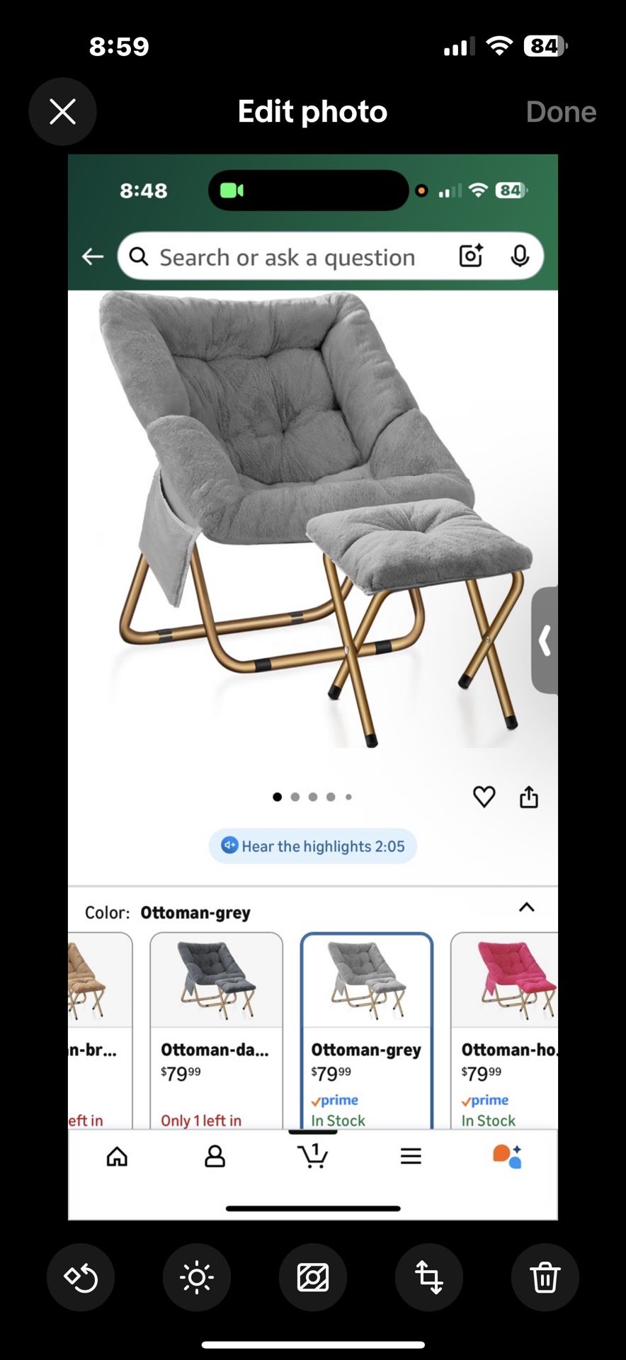 Comfy Saucer Chair, Foldable Living Room Chairs, Soft Faux Fur Lounge Chair, Grey, X-Large. NO OTTOMAN