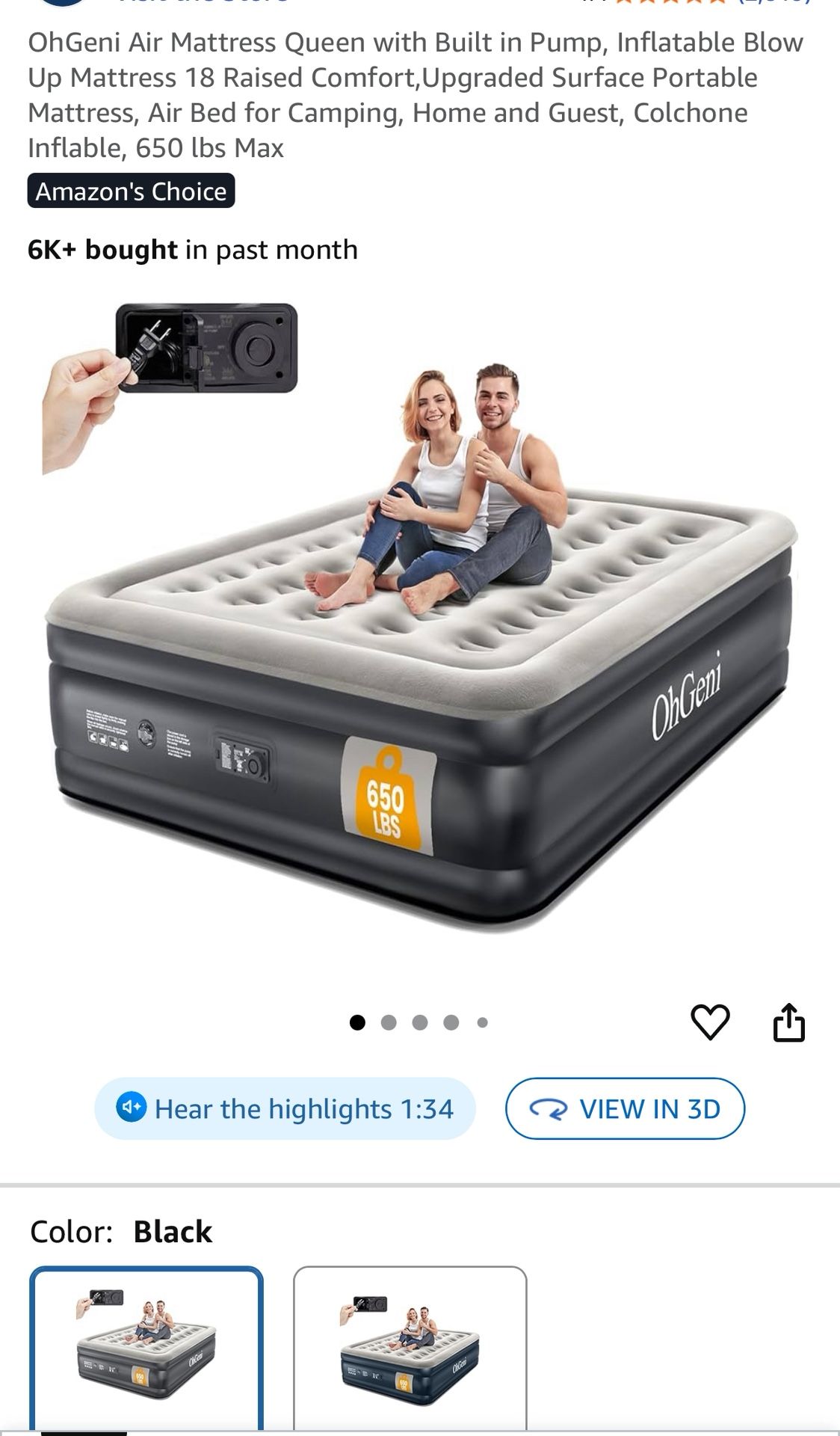 Air Mattress Size Queen 18” $50