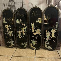 Vintage 4 Asian Chinese Wall Panels With Black Locker Figuring Design 