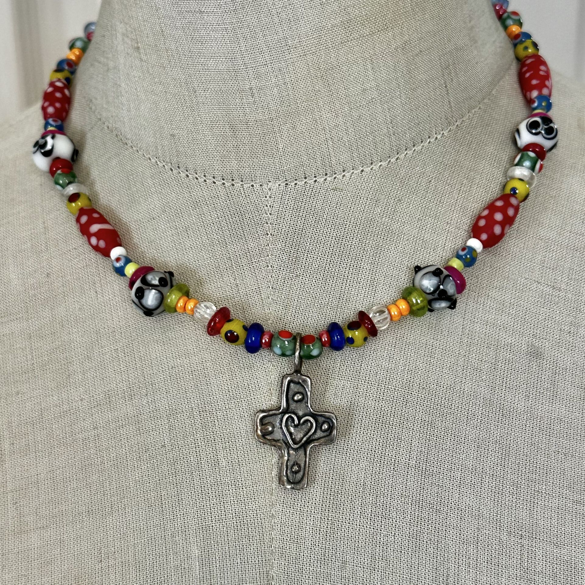 Sterling Silver Cross Pendant w/ Lampwork Glass Beads
