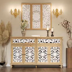 Natural and White Wood Buffet Sideboard with 2-Drawers, Carved Doors, Vintage Accent Cabinet with Wall Art Decor