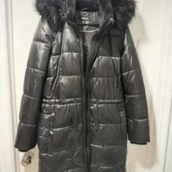DKNY Charcoal Puffer Jacket with Faux Fur Trim