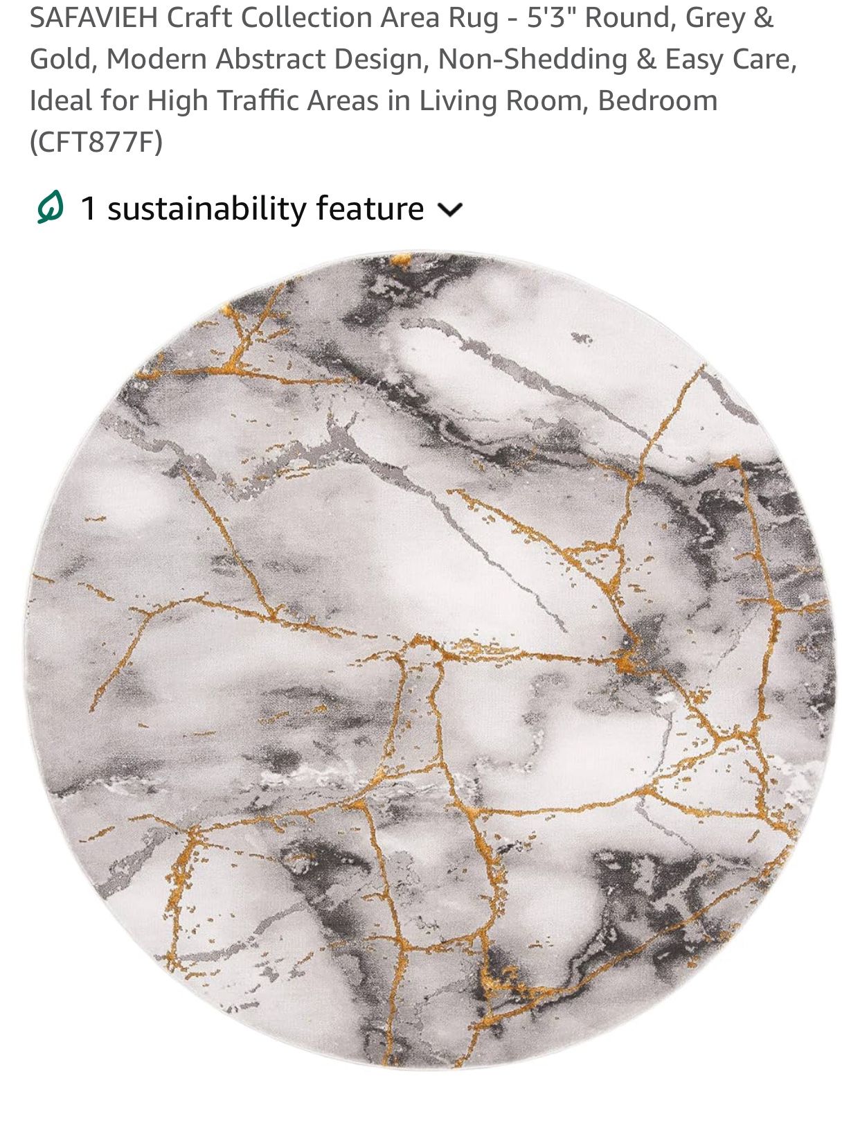 New 5'3" Round, Grey & Gold, Modern Abstract Design, Non-Shedding & Easy Care