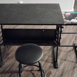 Used Blk Art Desk With Stool & Adjustable Table Top