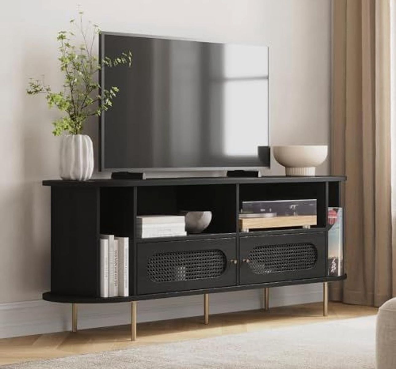 Oval Rattan TV Stand & Media Console – 63″ Entertainment Center with Storage, TV Console Table for Living Room & Bedrooms, Supports 32″–65″ Device, So