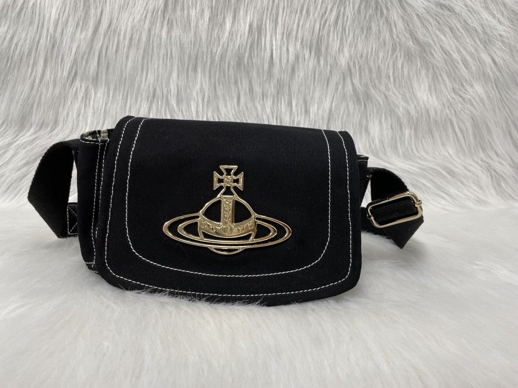 Vivienne Westwood Adjustable Shoulder Bag Orb Gold Big Logo Canvas 