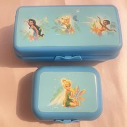 Tupperware BLUE Tinker Bell Lunch Set 2 Piece Taker Set - large keeper is 7.5”x3.5” small keeper is 4.5”x3.5”