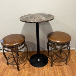 3-Piece Pub Table Set – Marble-Style Top with 2 Brown swivel Bar Stools 