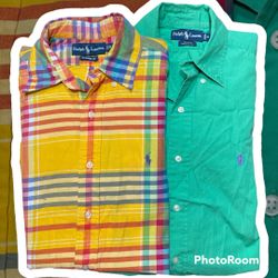 (2) Polo Ralph Lauren Multicolor Plaid+Green Pullover Button Shirt Size Mens MD. 