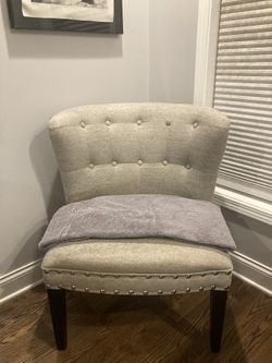 Elegant Gray Upholstered Chair- Could Be A Fancy Cat / Dog Bed. Selling For 90% Off Retail Price Due To Stain