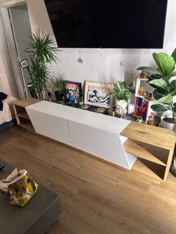 94" W Low-Profile TV Stand with Geometric Doors and Open Shelves, White and Oak Finish