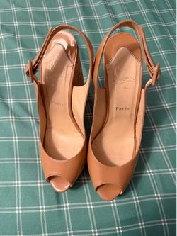 Christian Louboutin Beige Patent Leather Peep Toe Ankle Strap Wedge size 40