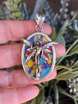 Colorful Mosaic Jasper Gemstone Fairy 2.4” 925 Silver Pendant