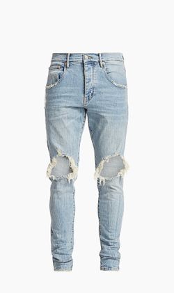 PURPLE BRAND JEANS 32 Dropped Slim Fit Destroyed Jeans in Light Indigo