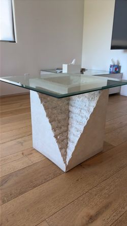 Vintage 1980s Postmodern Sculptural Stone Pedestal Side Table with Glass Top