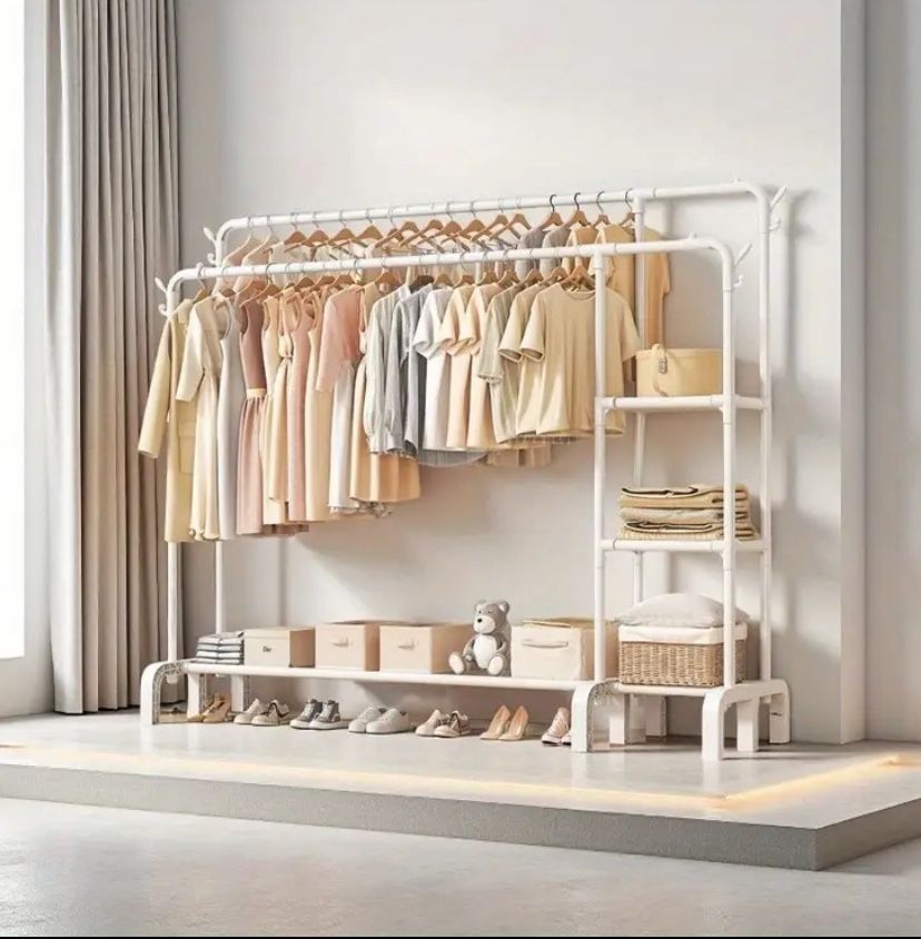 1 PC white Heavy-Duty Freestanding Clothing Rack with Double Hanging Rods,