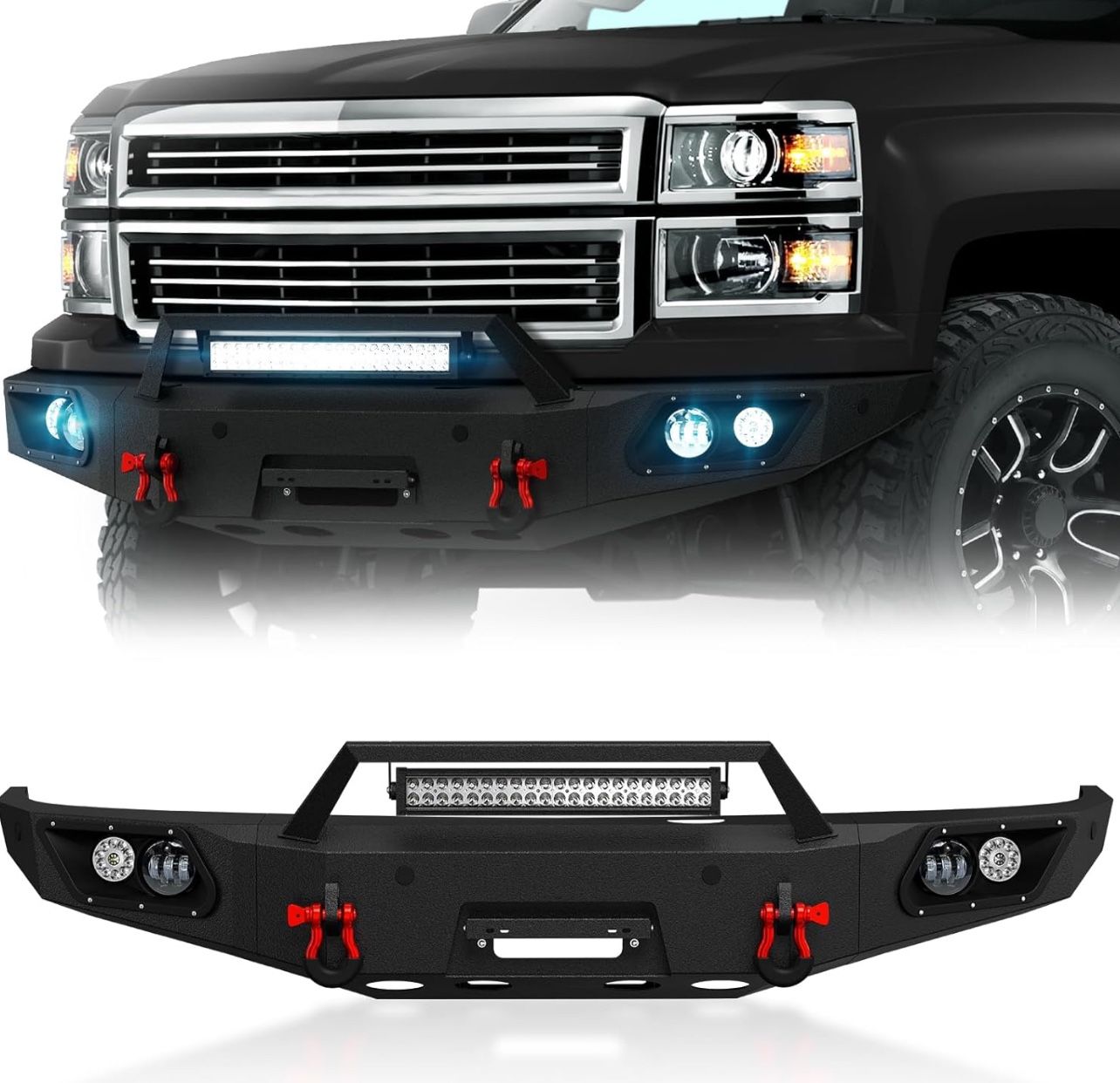 Off-Road Front Bumper Compatible with 2014 2015 Chevy Silverado 1500 Pickup Truck Bumper Equipped with Winch Plate, 5 x LED Lights, License Plate Brac