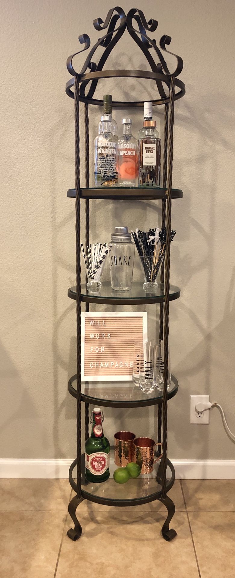 Vintage Round Brass Glass Etagere MCM Mid Century Modern Bar Shelf Shelving
