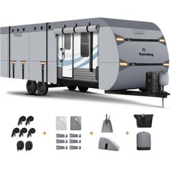 Upgrade 7 Layers Heavy Duty Travel Trailer RV Cover, 14-16 FT - Snowproof, Rip-Stop Camper Cover with 4+2 Windproof Straps & Abundant Kit
